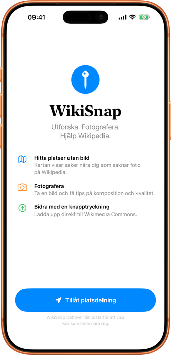 WikiSnap onboarding-skärm